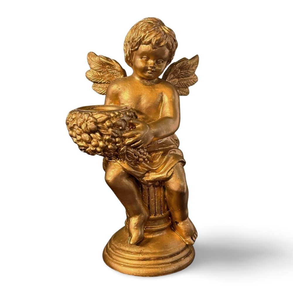 Vintage Gold Angel Candle Holder Cherub Figurine plaster 5x2 Inches